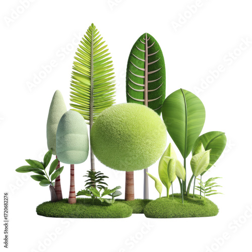Stylized Green Cartoon Trees And Foliage On Grassy Mounds Against A Transparent Background