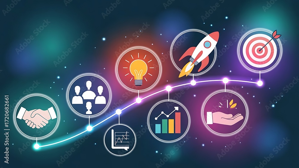 Obraz premium Modern business growth roadmap infographic with glowing circular icons connected by a curved line. created with generative ai
