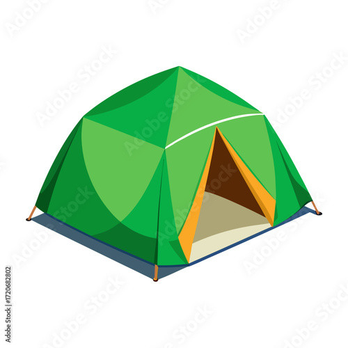 Green dome camping tent with orange entrance flap and guy ropes.