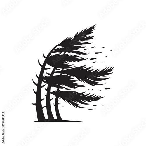 pine tree bent by wind vector silhouette clip art logo design illustration