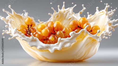 A Surreal Display of a Dynamic Cereal Splash with Floating Fruits and Milk Set Against a Snowy Forest Landscape and Holiday Decorations