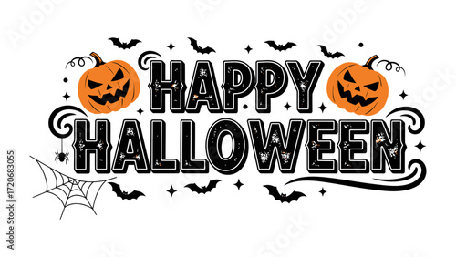 Happy Halloween Greeting: Spooky holiday message, illustrated with grinning jack-o'-lanterns, bats, and cobwebs, ideal for creating a festive atmosphere.