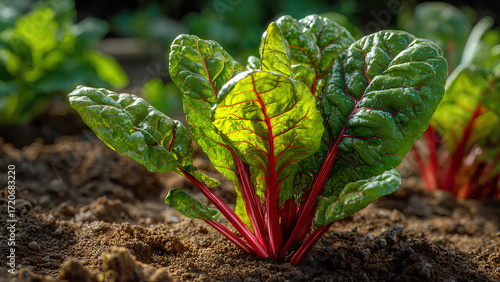 Fresh Organic Swiss Chard Growing in Garden Soil