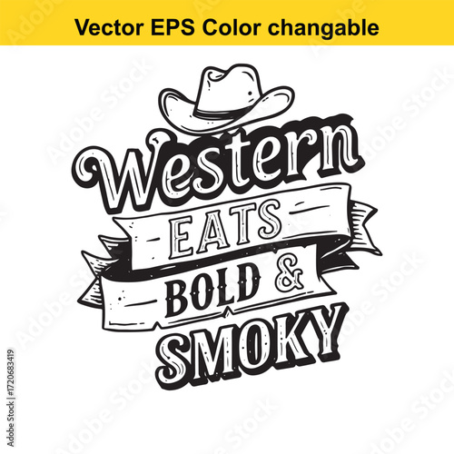 T shirt design with vector art of western eats bold and smoky cowboy hat text illustration