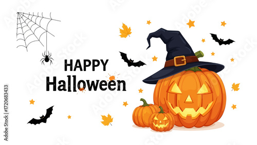 Halloween Festive Pumpkins: An invitation into the enchanting realm of Halloween, featuring a grinning carved pumpkin, adorned with a witch's hat, amidst bats and spiderwebs.