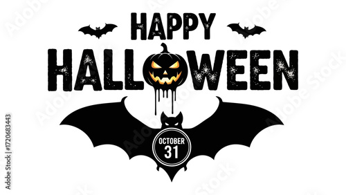 Happy Halloween Design: The image showcases a festive Happy Halloween design, featuring a glowing jack-o'-lantern, spooky bats, and the date October 31st, creating a celebratory mood.