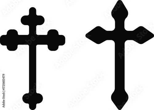 Art & IllustrationChristian cross icon set.Catholic Symbols, Cross Christian icons. Vector line black and outline christian cross set on white background.Cross symbols. Crucifix. Jesus Christian godde