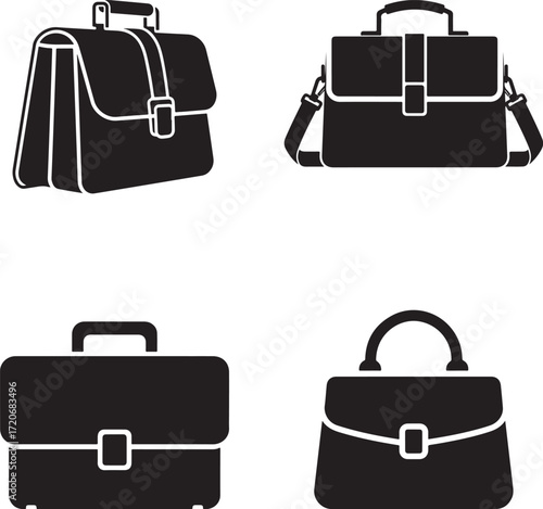 Minimalist Briefcase & Handbag Icon Set | Business Bag & Office Portfolio Silhouettes