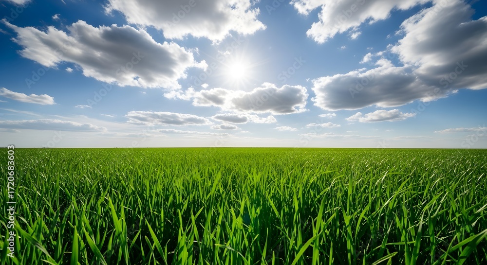 Obraz premium Lush Green Field Under a Bright Blue Sky A Scenic View of Nature's Beauty and Serenity