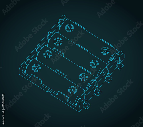 Four-battery holder isometric blueprints