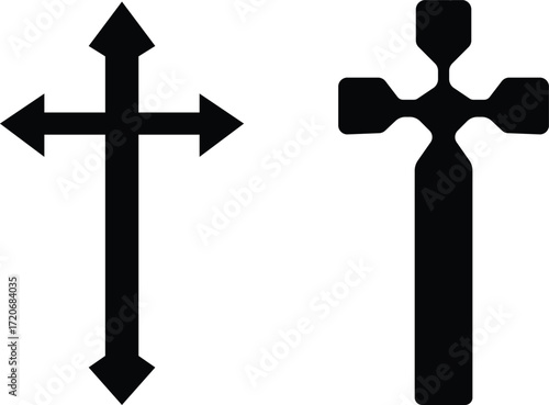 Art & IllustrationChristian cross icon set.Catholic Symbols, Cross Christian icons. Vector line black and outline christian cross set on white background.Cross symbols. Crucifix. Jesus Christian godde