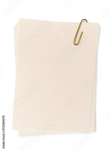 A6 size drawing paper stacked together with paper clip isolated on transparent background or png file.