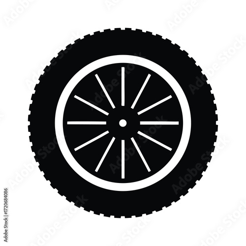 Black and white tire illustration with simple spoke design and tread