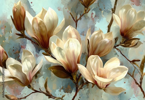 A detailed and exquisite floral still life featuring magnolia blossoms in soft cream and peach tones, presented on a backdrop of muted aqua and taupe hues.