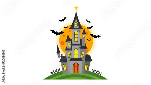 Spooky Halloween House at night: A whimsical illustration depicts a spooky Halloween house silhouetted against a full moon with bats soaring overhead.