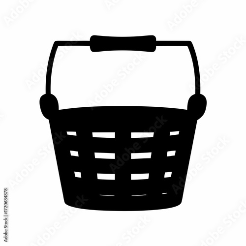 Simple graphic illustration of a woven basket with a handle for carrying
