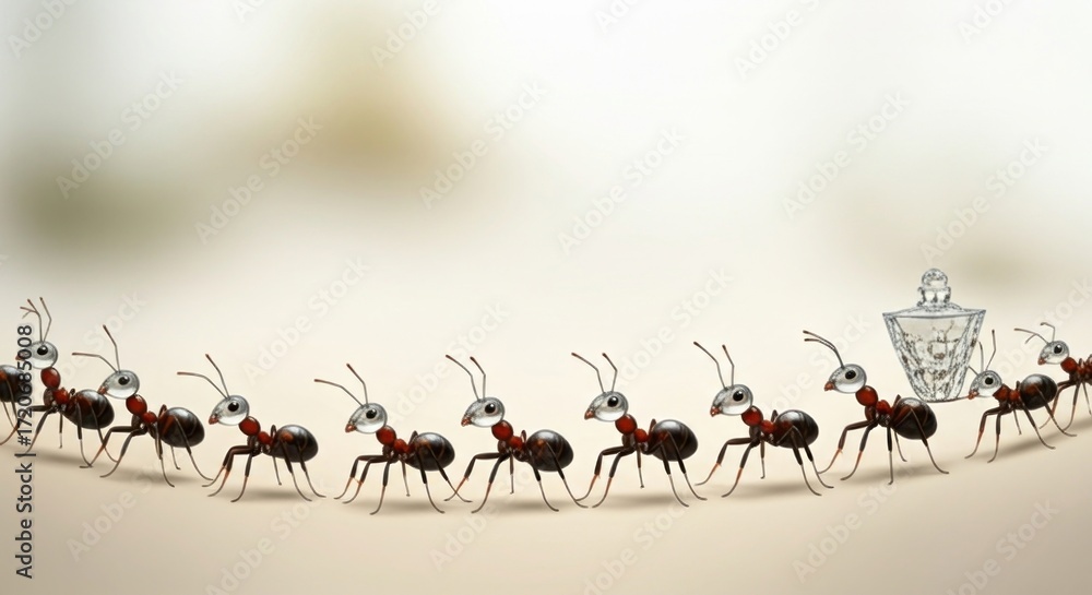 Fototapeta premium A team of ants carries a decorative glass container along a winding path, highlighting their collaborative efforts.