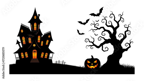 Halloween scene with eerie ambiance: A spooky Halloween scene, with a silhouette of a haunted house and a creepy tree set against a backdrop, and spooky bat.