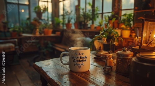 A cozy steaming coffee mug on a wooden table with inspirational text that says start each day with a grateful heart surrounded by plants and warm lighting