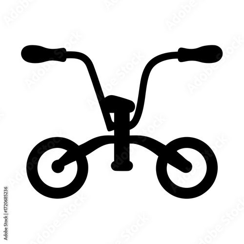 A stylized silhouette of a child's tricycle front end, handlebars, and wheels