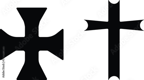 Art & IllustrationChristian cross icon set.Catholic Symbols, Cross Christian icons. Vector line black and outline christian cross set on white background.Cross symbols. Crucifix. Jesus Christian godde