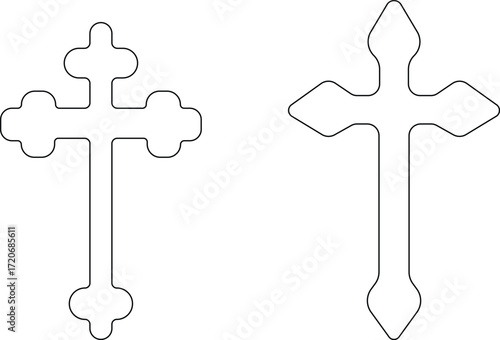 Art & IllustrationChristian cross icon set.Catholic Symbols, Cross Christian icons. Vector line black and outline christian cross set on white background.Cross symbols. Crucifix. Jesus Christian godde