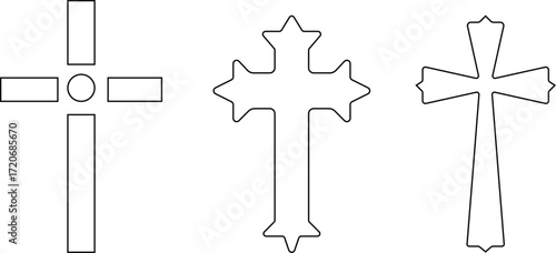 Art & IllustrationChristian cross icon set.Catholic Symbols, Cross Christian icons. Vector line black and outline christian cross set on white background.Cross symbols. Crucifix. Jesus Christian godde