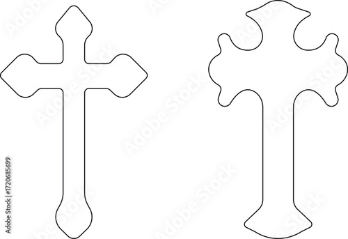 Art & IllustrationChristian cross icon set.Catholic Symbols, Cross Christian icons. Vector line black and outline christian cross set on white background.Cross symbols. Crucifix. Jesus Christian godde
