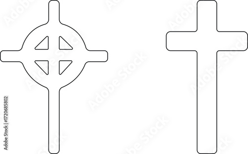 Art & IllustrationChristian cross icon set.Catholic Symbols, Cross Christian icons. Vector line black and outline christian cross set on white background.Cross symbols. Crucifix. Jesus Christian godde