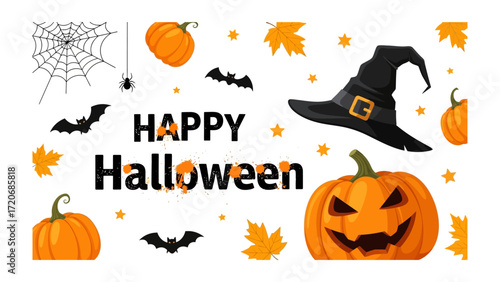 Halloween Festive Delight: A captivating illustration of a Happy Halloween scene, complete with iconic symbols such as jack-o'-lanterns, spooky bats, and autumn leaves.