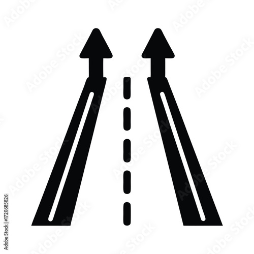 Dual lane road diverging into separate paths with arrows pointing upwards