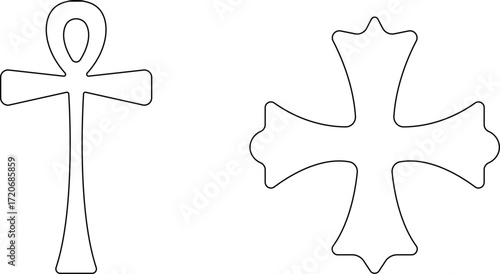 Art & IllustrationChristian cross icon set.Catholic Symbols, Cross Christian icons. Vector line black and outline christian cross set on white background.Cross symbols. Crucifix. Jesus Christian godde