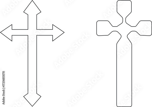 Art & IllustrationChristian cross icon set.Catholic Symbols, Cross Christian icons. Vector line black and outline christian cross set on white background.Cross symbols. Crucifix. Jesus Christian godde