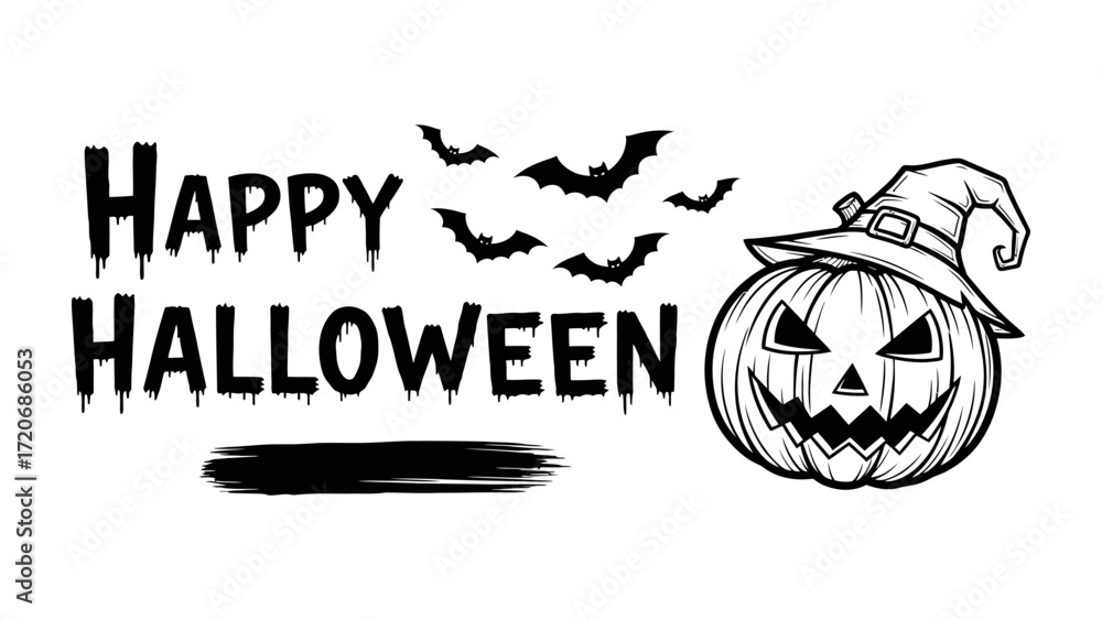 Fototapeta premium Happy Halloween Design: A spooky yet charming design with a grinning pumpkin wearing a witch's hat, bats soaring against the sky, perfect for celebrating the festive holiday of Halloween.