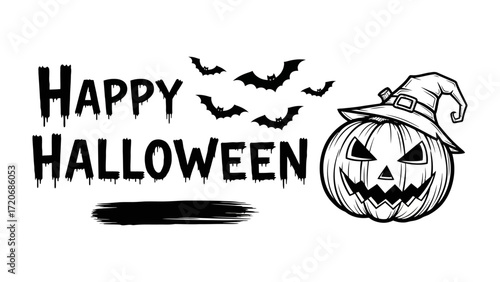 Happy Halloween Design: A spooky yet charming design with a grinning pumpkin wearing a witch's hat, bats soaring against the sky, perfect for celebrating the festive holiday of Halloween.