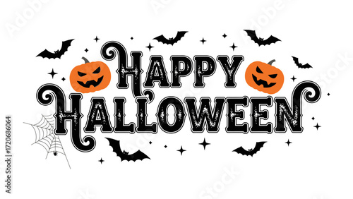 Happy Halloween Illustration: Spooky Halloween banner, featuring classic symbols of the holiday against a star-studded night sky.