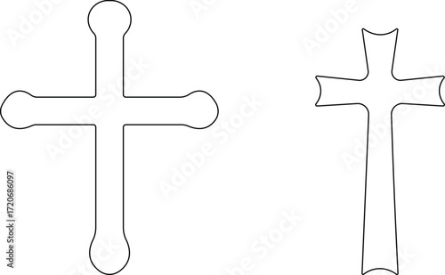 Art & IllustrationChristian cross icon set.Catholic Symbols, Cross Christian icons. Vector line black and outline christian cross set on white background.Cross symbols. Crucifix. Jesus Christian godde