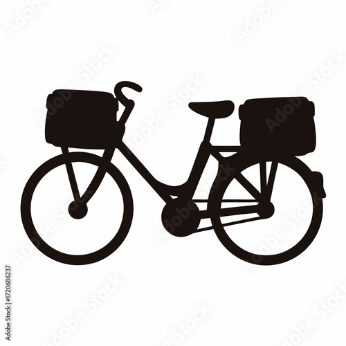 Silhouette of a bicycle with baskets carrying items on a white background