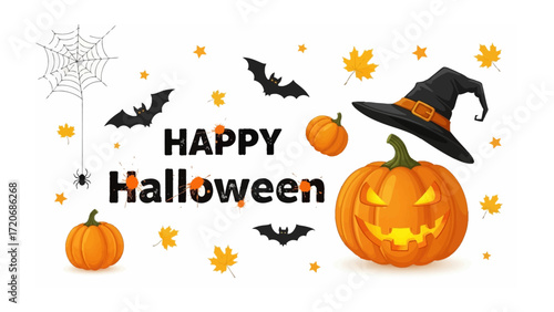 Happy Halloween: Spooky and festive Halloween illustration. A grinning jack-o'-lantern, bats, spider web, witch hat, pumpkins, and maple leaves in a festive Halloween setting.