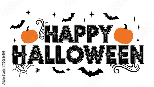 Happy Halloween: Festive Halloween graphic design features spooky bats, grinning pumpkins, a spiderweb, and starlit sky, perfect for seasonal greetings, decorations, or digital designs.