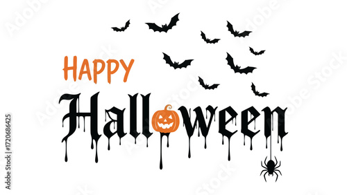 Spooky Happy Halloween: The essence of the Halloween holiday is vividly captured in this photorealistic design, featuring a cheerful pumpkin, spooky bats.