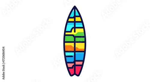 Colorful surfboard design for summer surfing and beach sports with vibrant color blocks and modern artistic style