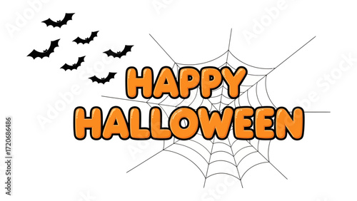 Halloween Greeting: Spooky bats soar across a web as bold text declares, Happy Halloween! perfectly captures the eerie joy of the season. 