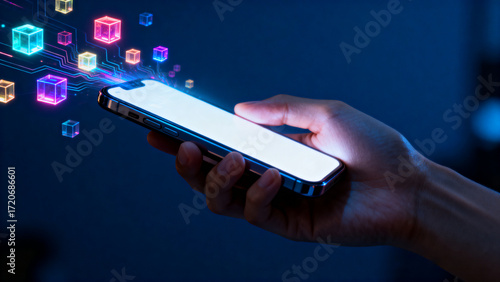 person holding a glowing mobile phone surrounded by floating tech cubes, creating a futuristic atmosphere of innovation, connectivity, and digital advancement.Generated by AI