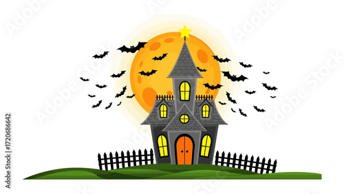 Spooky Night: A thrilling depiction of a haunted house with ominous aura is showcased under a glowing full moon, surrounded by a swarm of bats, on an evening of excitement. 