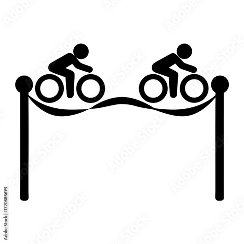 Two cyclists crossing the finish line in a simplistic black and white design