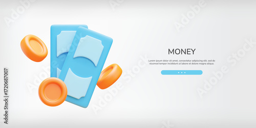 3D money landing page. Paper banknote and gold floating coins. Vector symbol of cash payment bill. Financial sign, win money concept, investment, banking.
