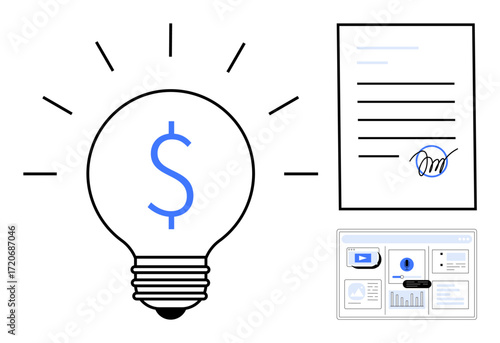 Light bulb with dollar sign, signed document, and data analytics dashboard. Ideal for finance, entrepreneurship, innovation, contract, investment business strategy creative solutions. Simple flat