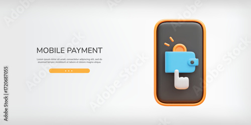 Online wallet 3D banner. Realistic smartphone with coin inside wallet and hand cursor on screen. Mobile wallet, online payment and money transfer web page. Vector lending page
