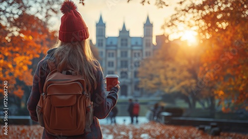 Young woman holding a coffee cup with a backpack on her back enjoys a beautiful autumn day on a university campus surrounded by colorful fall foliage and warm sunlight